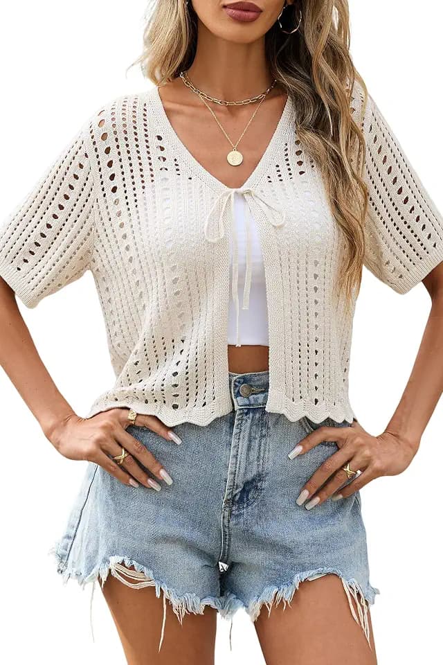 Yekaty Womens Crochet Cardigan Cropped Tie Front Short Sleeve Sweater Tops