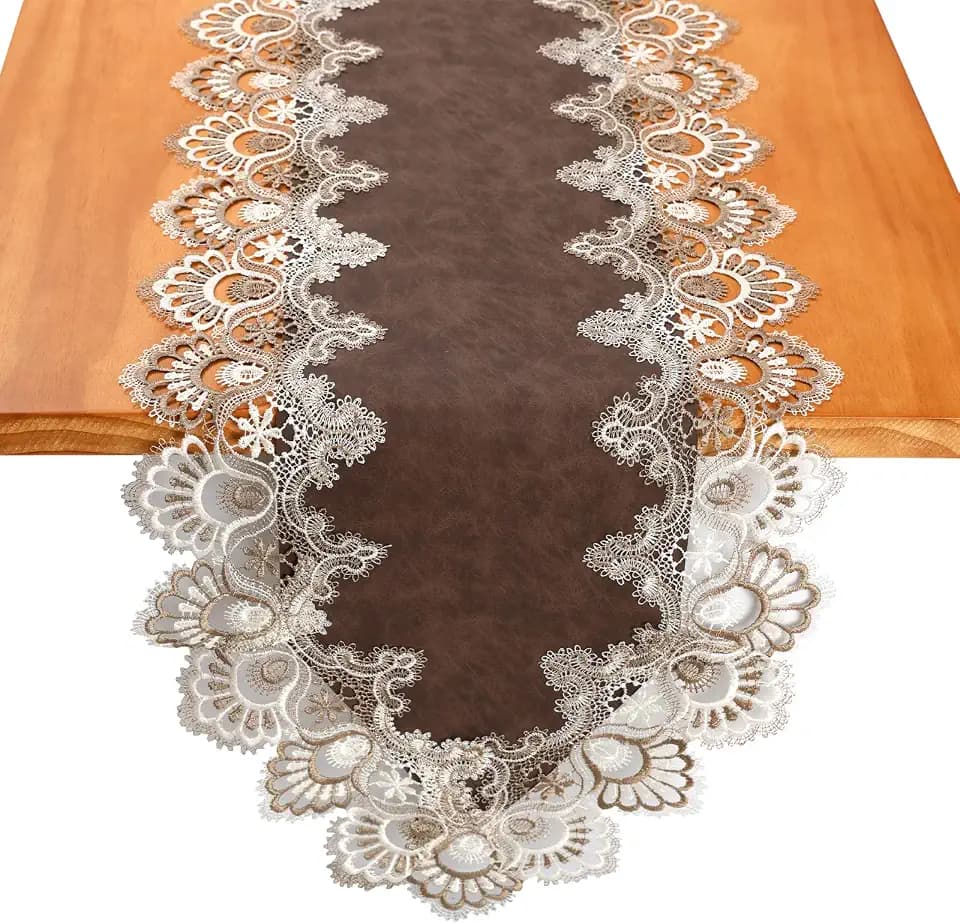 Lace Table Runner, Waterproof Oil-Proof PU Leather Table Runner with Exquisite Lace, for Dining, Wedding, Shower, Party (Brown, 16x84 inch)