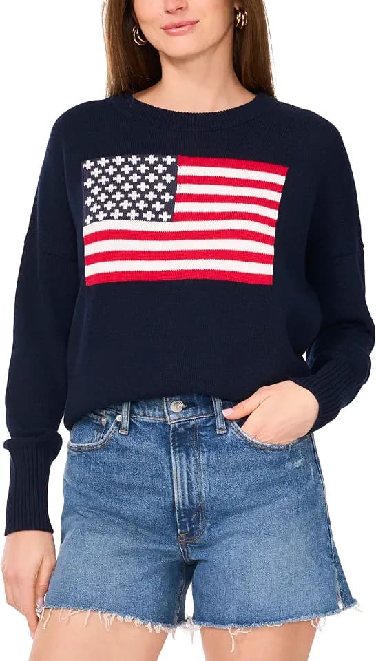 Vince Camuto Women's Flag Print Long Sleeve Crew Neck Sweater