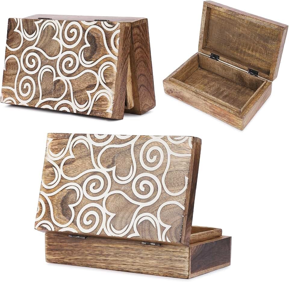 Ajuny Holz Schmuckschatulle Herz Design Weiß Braun Schmuckbox 8x5 Zoll