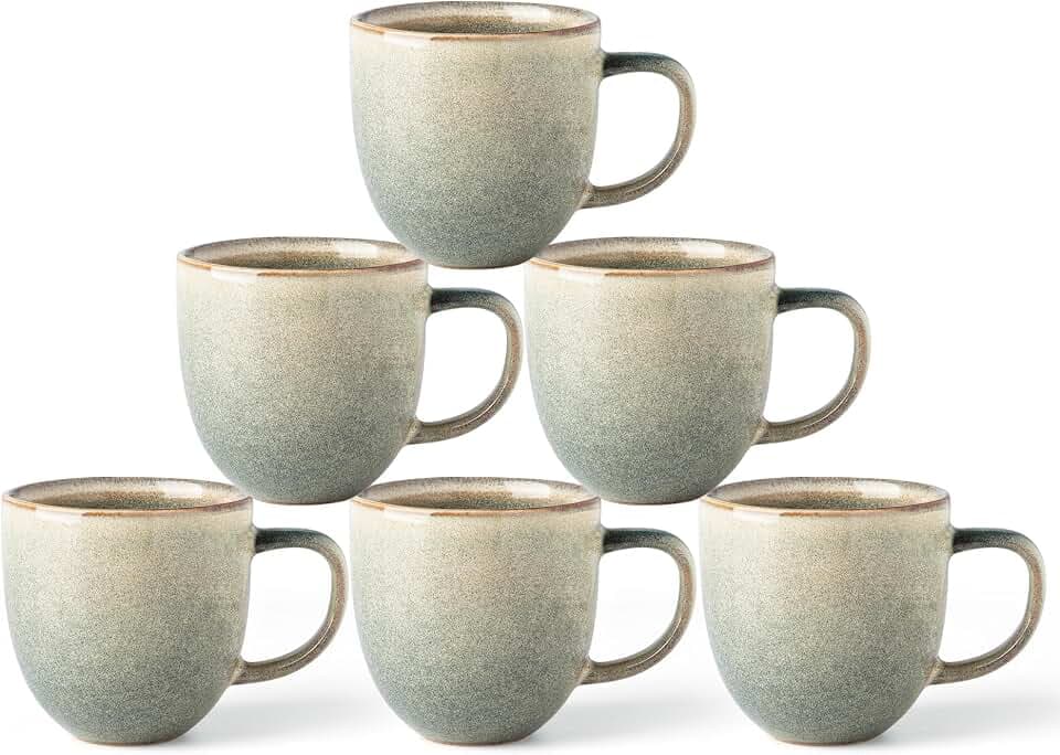 GBhome Steingut Kaffeetassen 6 Pers. 350 ml, Kaffeetassen mit großem Henkel für Latte, Cappuccino, Milch, Kakao, spülmaschinen- und mikrowellengeeignet, Desret Salbei