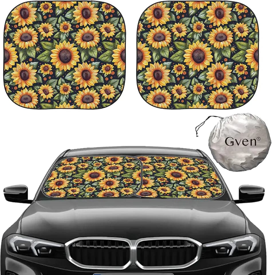 Gven Windshield Sun Shade 2pcs with Bonus Car Sunshade for Front Window Shades 2025 Technology Reflect UV and Heat Sun Visor Automotive Interior Sun Protection (Sunflower, M)