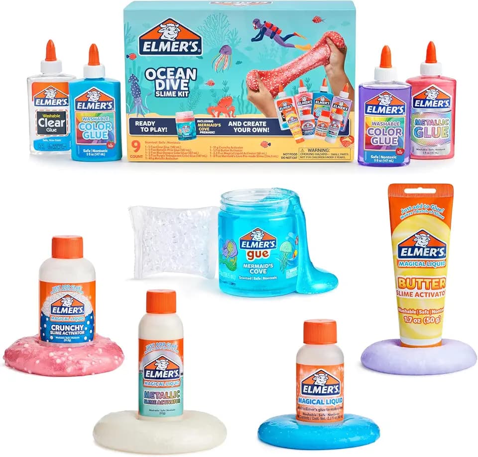 Elmer's Ocean Dive Slime Kit, Slime Supplies Include Liquid Glue, Activator, and Premade Slime, 9 Count - Creative Activity, Kids Summer Fun