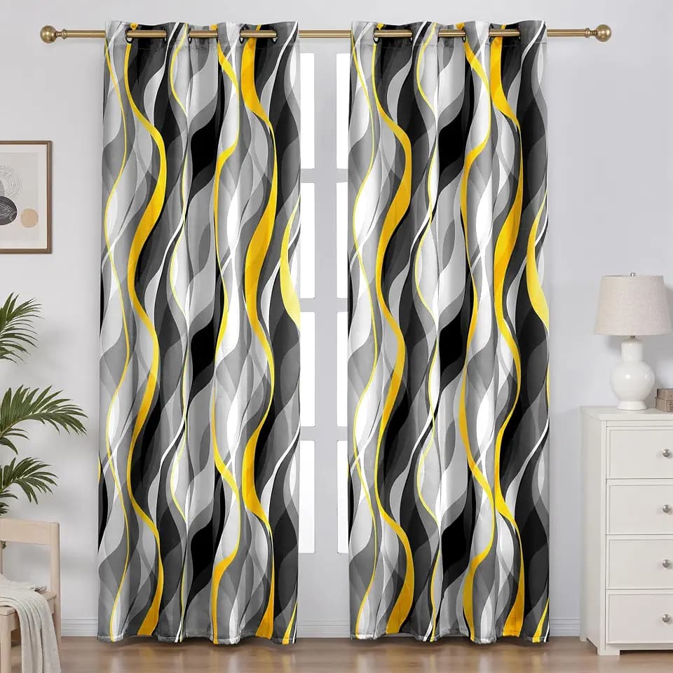 weesire Yellow and Grey Curtains Modern Striped Decorative 50% Light Blocking Darkening Grommet Yellow Curtain for Living Room Villa, Bedroom Gray and White 2 Panels Set, 52x84 Inches