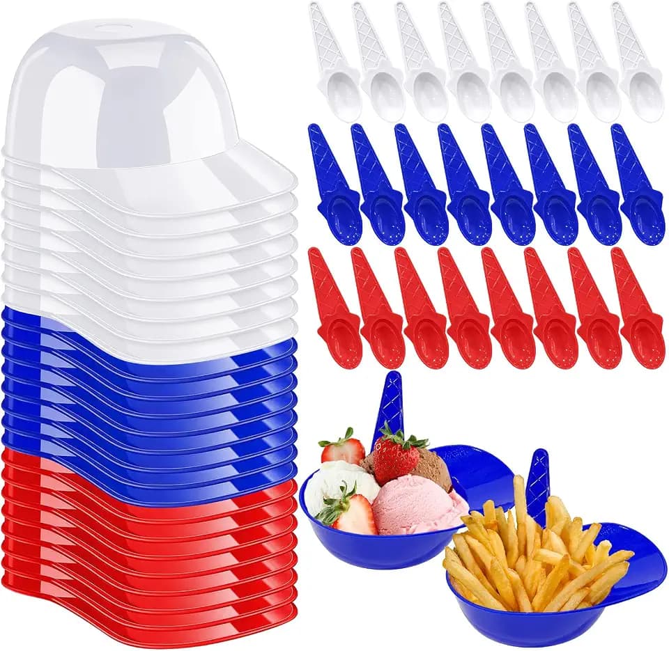 48 Pack Baseball Helmet Ice Cream Bowls with Spoons 8 oz Mini Ice Cream Baseball Cap Bowls Dessert Helmet for Birthday Serving Popcorn Sundae Party (Red Blue White)
