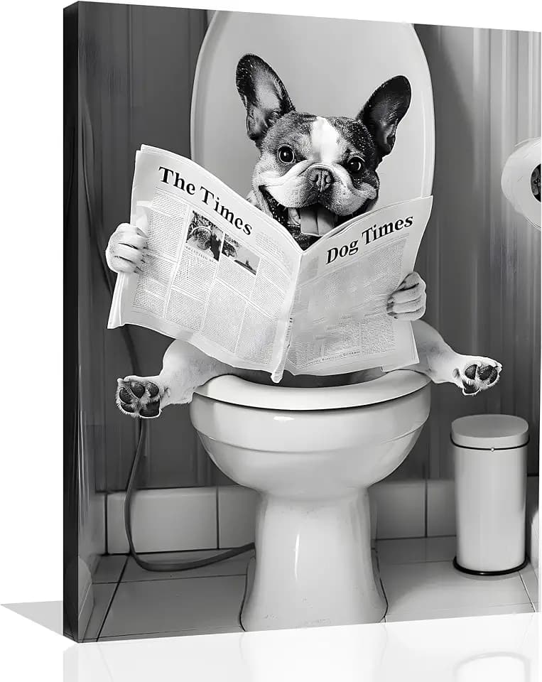Dog Bathroom Wall Art Funny Animal Bathroom Canvas Wall Art Dog on Toilet Poster Black and White Animal Toilet Prints Picture for Bath Restroom Wall Framed 12X16 inch