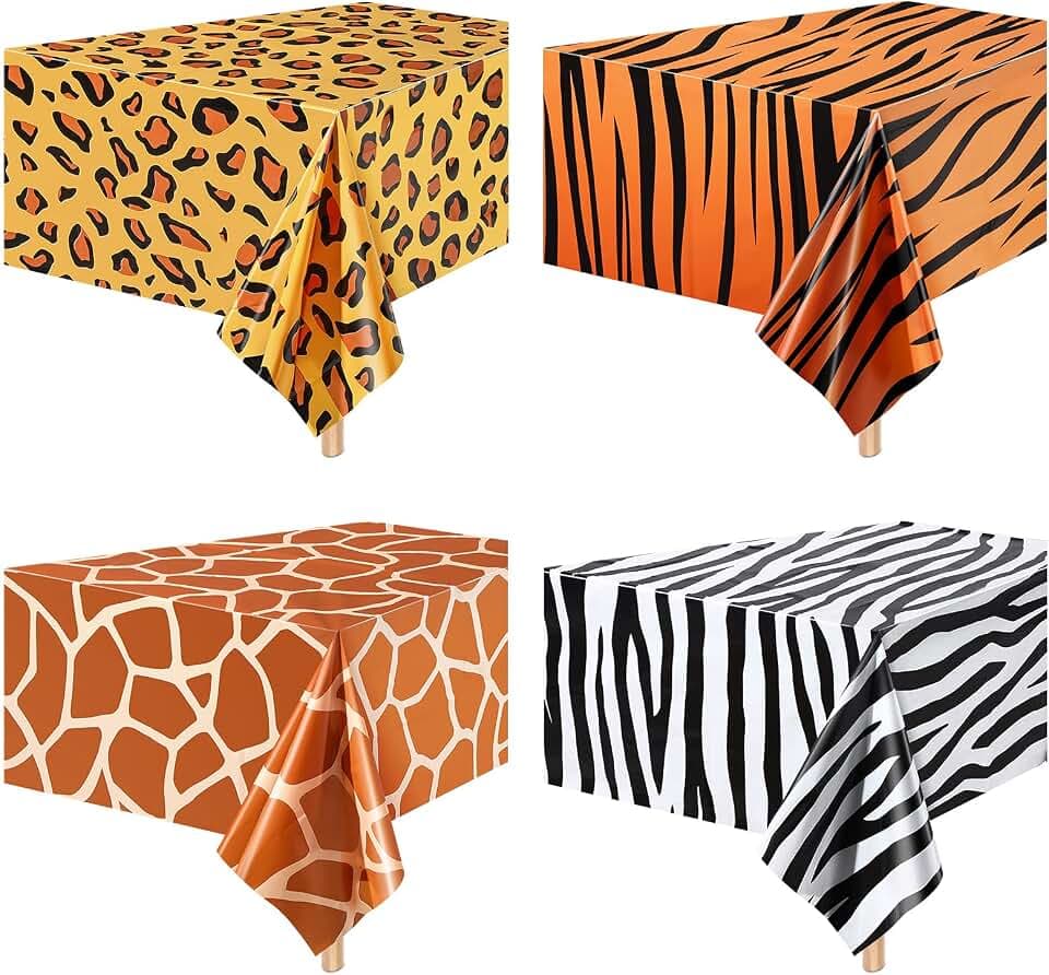 Tatuo 4 Stück Rechteckige Kunststoff Tischdecken Dschungel Tierthema Leopard Tiger Giraffe Druck für Party Geburtstag Lieferung