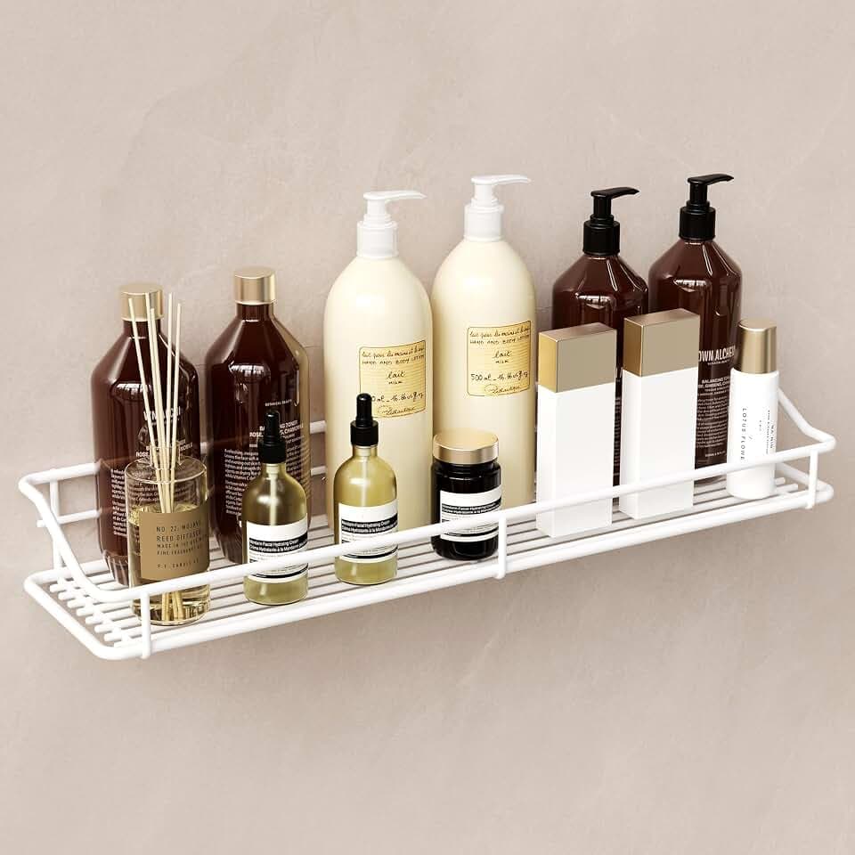 Orimade Bathroom Shelf Organizer Shower Caddy Storage Kitchen Rack with Traceless Transparent Adhesive No Drilling SUS304 Stainless Steel, 15.75inch, White