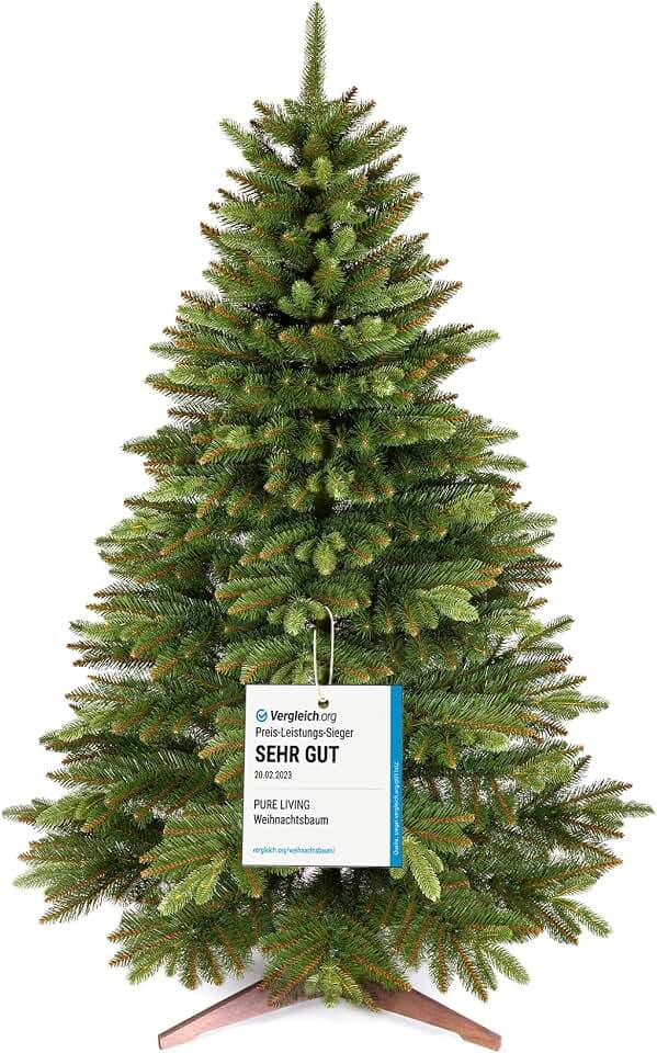 Premium Weihnachtsbaum künstlich 180cm - TESTSIEGER 10 Jahre GARANTIE - Naturgetreu, dichte Zweige, Künstlicher Weihnachtsbaum mit Holzständer, Christmas Tree Tannenbaum künstlich 180 cm Pure Living