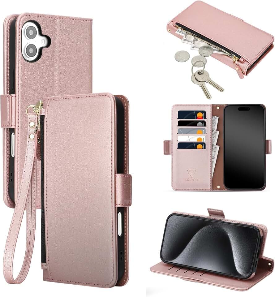 COBEAR for iPhone 17 Case Wallet, Pu Leather Flip Phone Case with Wrist Strap, Zipper Pocket, Kickstand, Women Men Phone Wallet Case with Card Holder for iPhone 17,Rose Gold