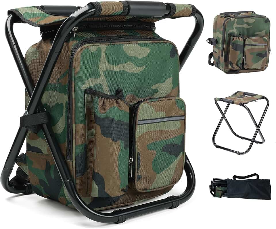 Kompakter Campinghocker mit 15L Abnehmbarer Kühltasche, Leichter Sitzrucksack mit Klappbares Gestell, Stabiler Klapphocker Faltbar für Angeln Picknick Trekking Jagd Wandern