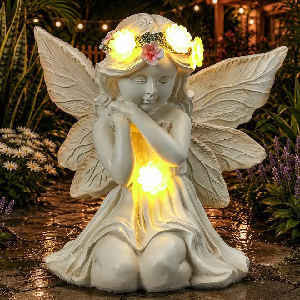 Solar Angel Garden Statue Outdoor Decor for Halloween, Fairy Figurine with Garland Flower Light, Cemetery Decoration for Grave, Yard, Patio, House Warming Birthday Gifts for Women, Mom