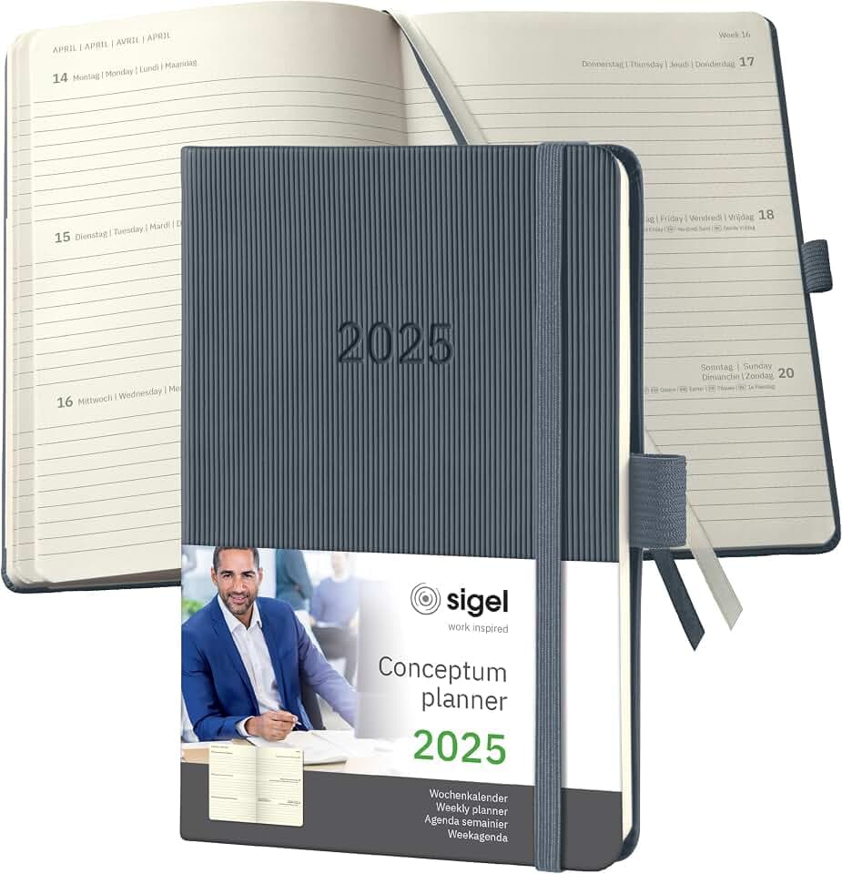 SIGEL C2567 Wochenplaner Wochenkalender 2025, ca. A6, dunkelgrau, Hardcover, 176 Seiten, Gummiband, Stiftschlaufe, Archivtasche, aus nachhaltigem Papier, Conceptum