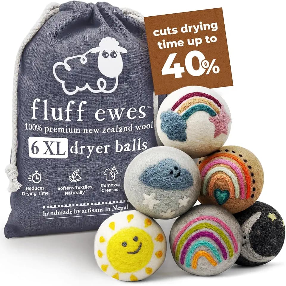 Fluff Ewes Wool Dryer Balls 6 Pack, Rainbow or Shine, XL