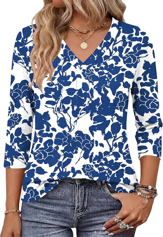 AKEWEI Women's 3/4 Length Sleeve Boho Tops V Neck Casual Vacation Clothes Loose Fit Tunic Shirts S-2XL
