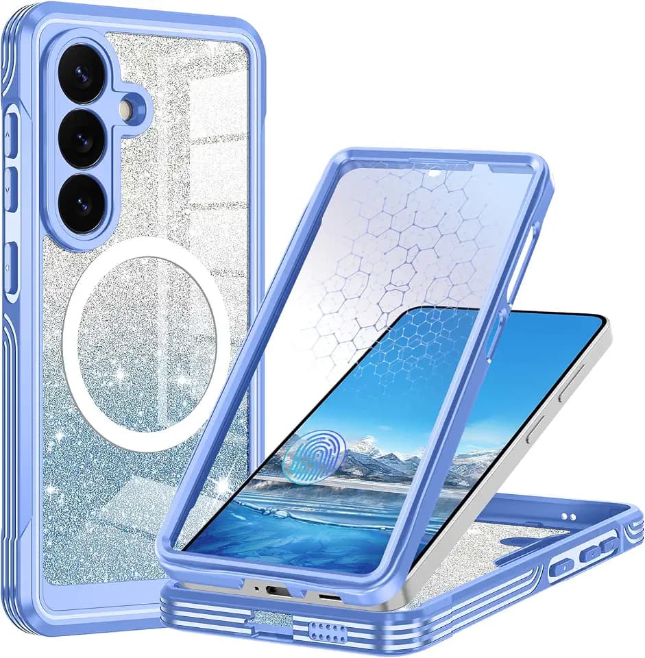 for Samsung Galaxy S26 Case, Built-in Tempered Glass Screen Protector, Full Body Protection & Camera Lens Guard, Fit for MagSafe & Military Grade Shockproof, with Glitter Card,Blue
