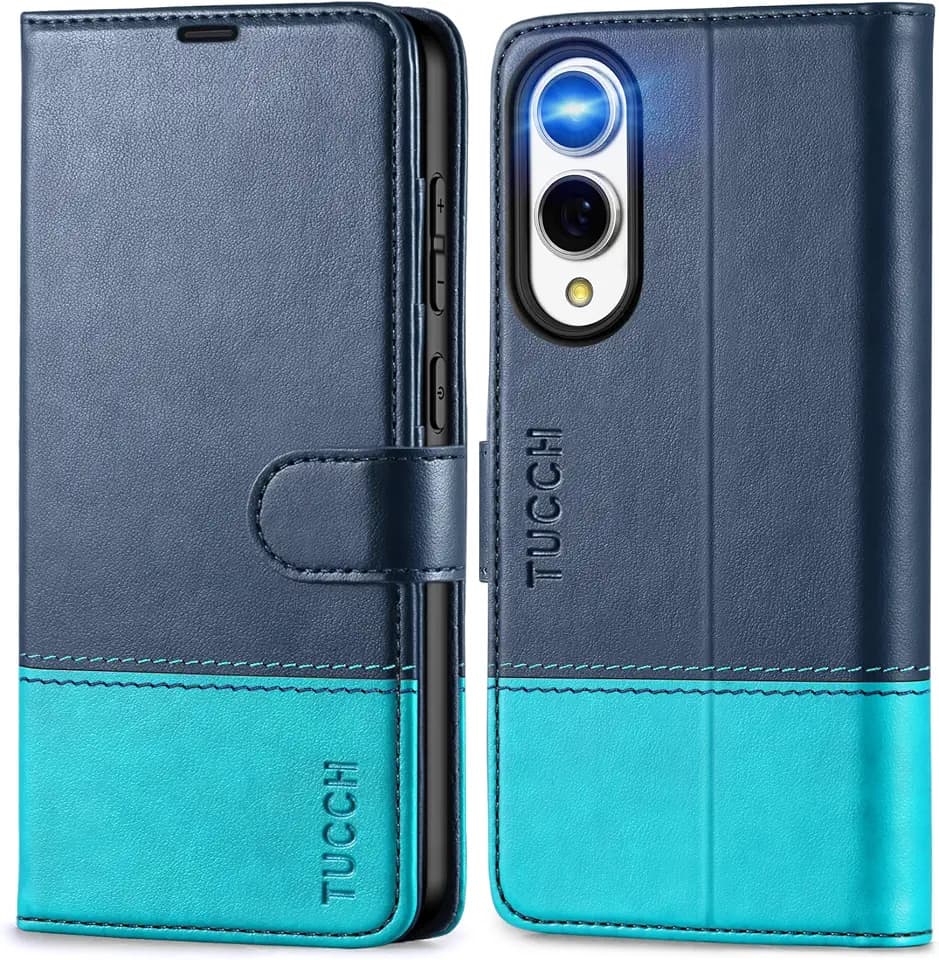 TUCCH Wallet Case for Galaxy S25 Edge, 4 Card Holders, Blue & Lake Blue