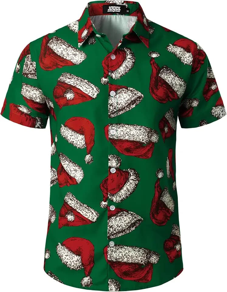 JOGAL Herren Weihnachten Hemd Funky Kurzarm Christmas Hawaiihemd Button Down Weihnachtsmann Print Freizeithemd