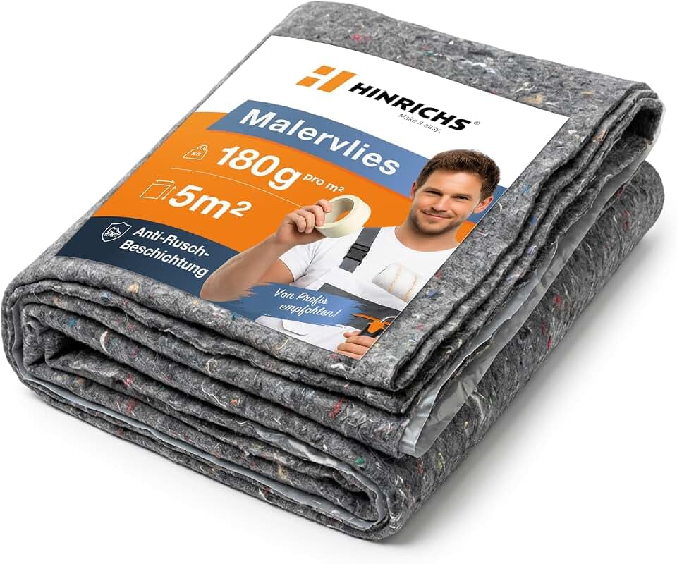 Hinrichs Malervlies 5m² 180g/m² - 1x5m Maler-Abdeckvlies mit Anti-Rutsch Beschichtung - Abdeckfliesse für Boden - Allzweckvlies als Schutz für Boden, Treppen & Möbel