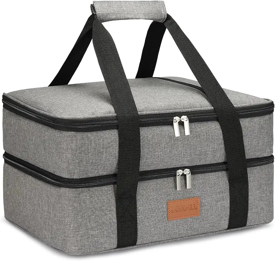 Lunch Bag Insulated Thermal Food Carrier Insulated Double Decker Casserole Carrier for Hot or Cold Food,Insulated Tote Bag for Potluck Cookouts Picnic,Lasagna Holder,Fits 9"x13" Baking Pan,Gray