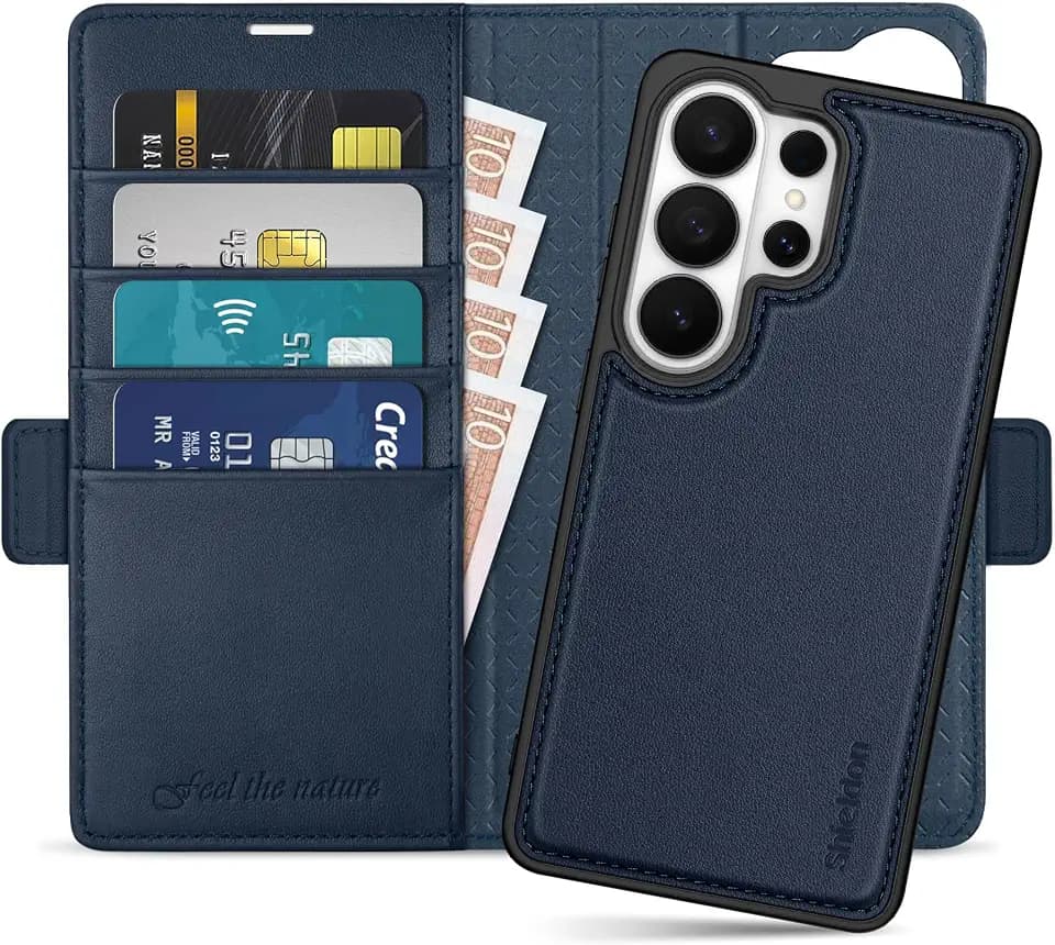 SHIELDON 2 in 1 Genuine Leather Case Wallet for Galaxy S26 Ultra, Navy Blue
