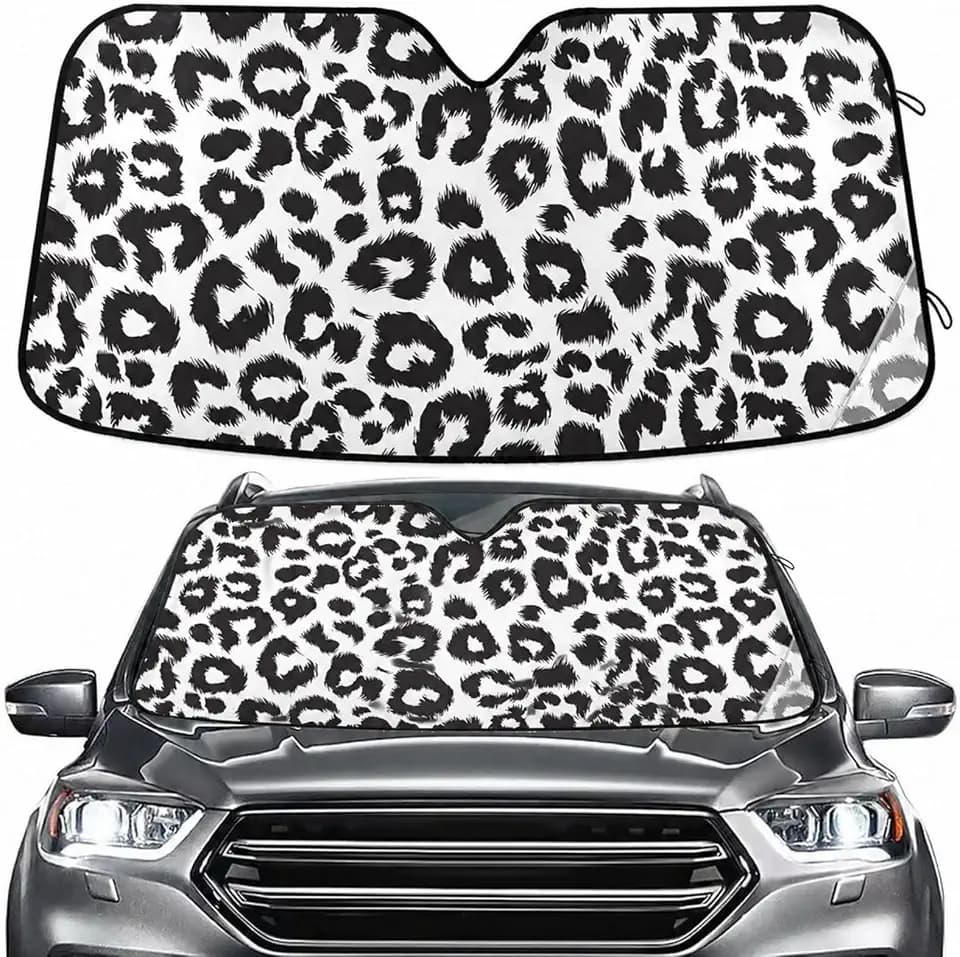 Black White Leopard Print Windshield Sun Shade for Car Auto SUV Truck Foldable Front Window Sunshade Sun Visor Protector Block UV Rays Reflect Heat, 55" x 28"