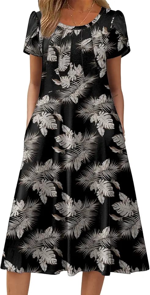 Zeagoo Damen Kleider Kurzarm Sommerkleid Elegant Midikleid A-Linie Tunikakleid Sommer Rundhals Blumen Kleid mit Taschen