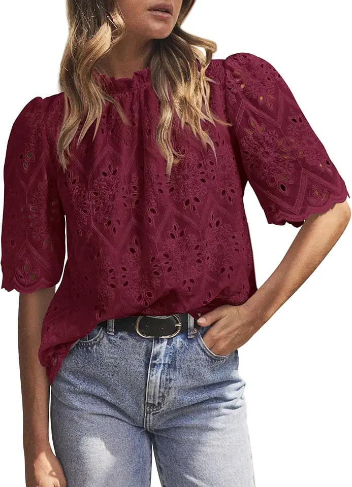 PRETTYGARDEN Women Summer Tops Eyelet Embroidered Shirts