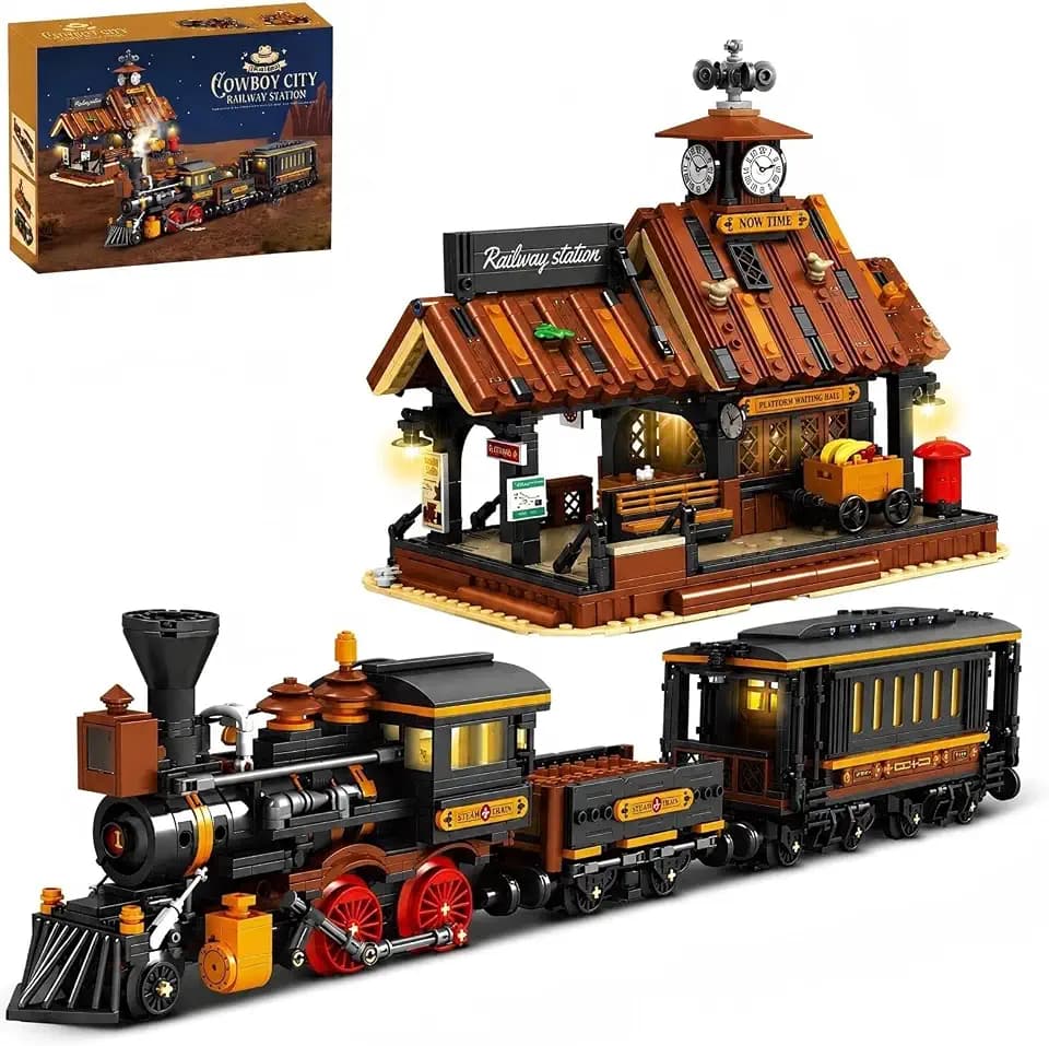Cowboy City Train Station Building Set Railway Steam with LED Compatible with Lego Wild West Architecture Street View Collectible Model for Adults Home Office Decor - 2640PCS
