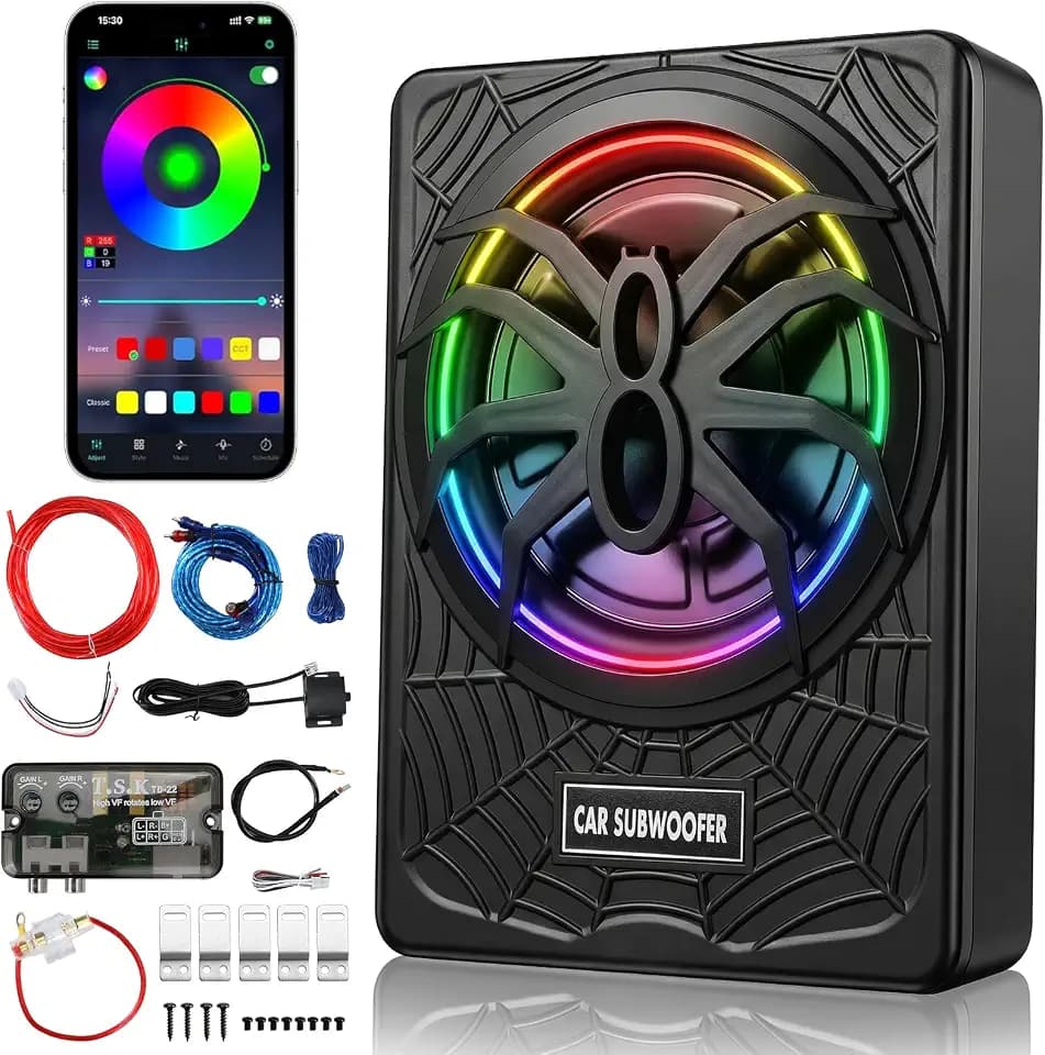 Vevitts 10 inch Subwoofer, Underseat Car 1800W Slim Subwoofer with Light, Enhanced Bass and Powered Subwoofer Car Audio with Mounting Wire Kit Fit Truck SUV Jeep MPV