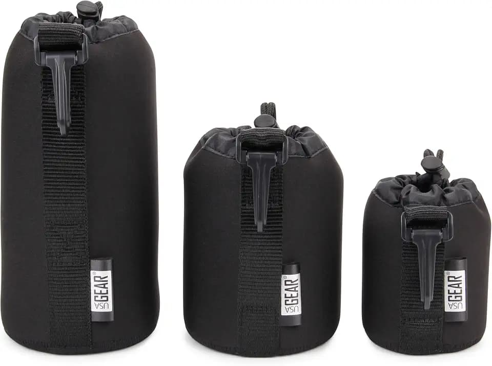 USA Gear FlexARMOR Protective Neoprene Lens Case Pouch Set 3-Pack - Small, Medium and Large Cases with Drawstring Opening, Attached Clip, Reinforced Belt Loop (Black)
