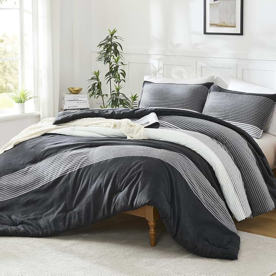 Litanika Oversized King Comforter Set Black - 3 Pieces Stripe Bed Set