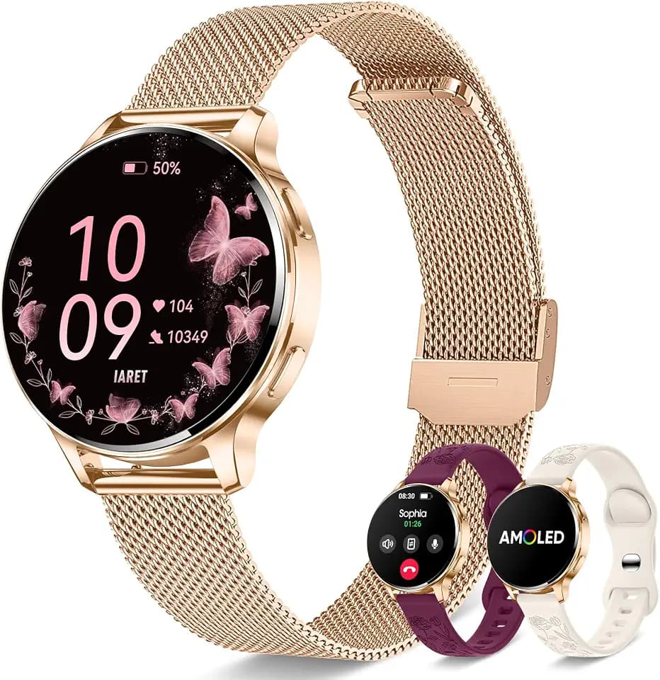 Iaret Smartwatch Damen Rund mit 3 Armbändern, 1,27" AMOLED Display, Telefonfunktion, 120+ Sportmodi, 24H SpO2/Puls, Schlafmonitor, Fitnessuhr für iOS Android, Roségold - Geschenk für Frauen