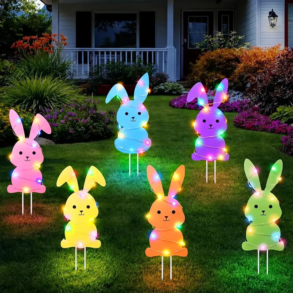 Novabright 6 Pcs Easter Bunny Yard Signs Colorful with Stakes, Outdoor Garden Bunny Lawn Signs with 39ft LED Lights Rabbit Happy Easter Decorations for Home Spring Props Party Supply