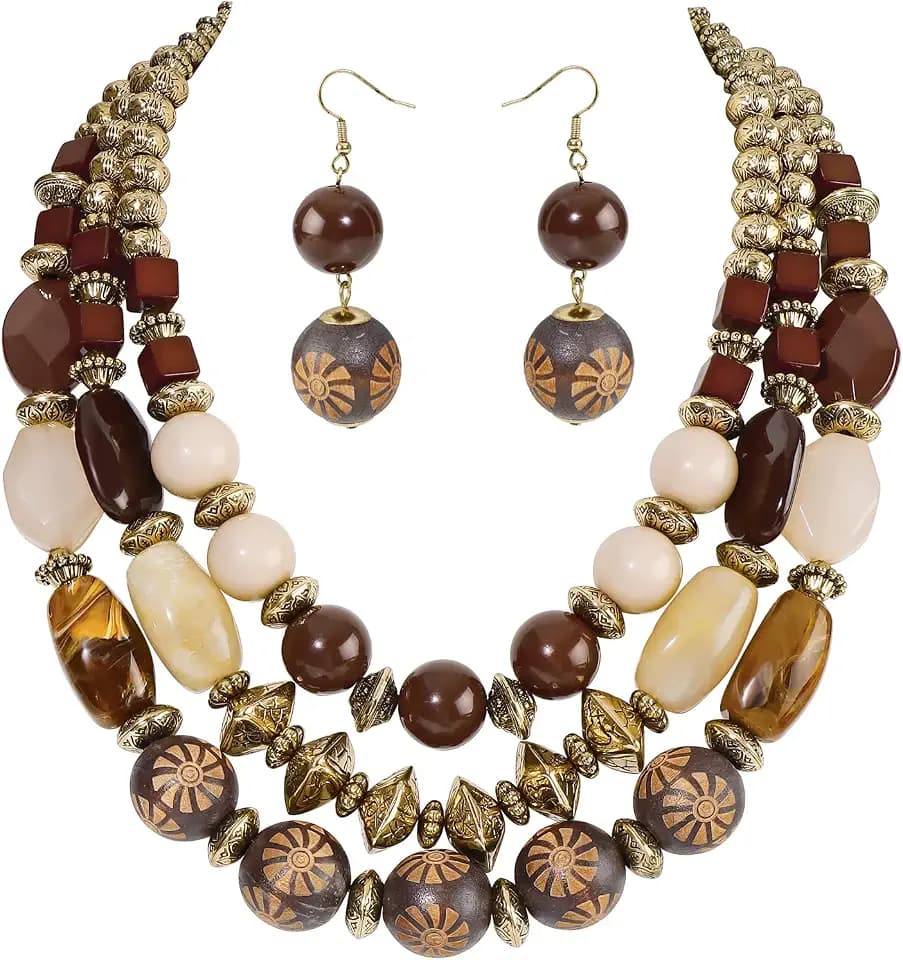 Bocar 3 Layer Chunky Statement Beaded Necklace and Earrings Set, Fashion Multi Layer Women Collar Necklace Jewelry Set