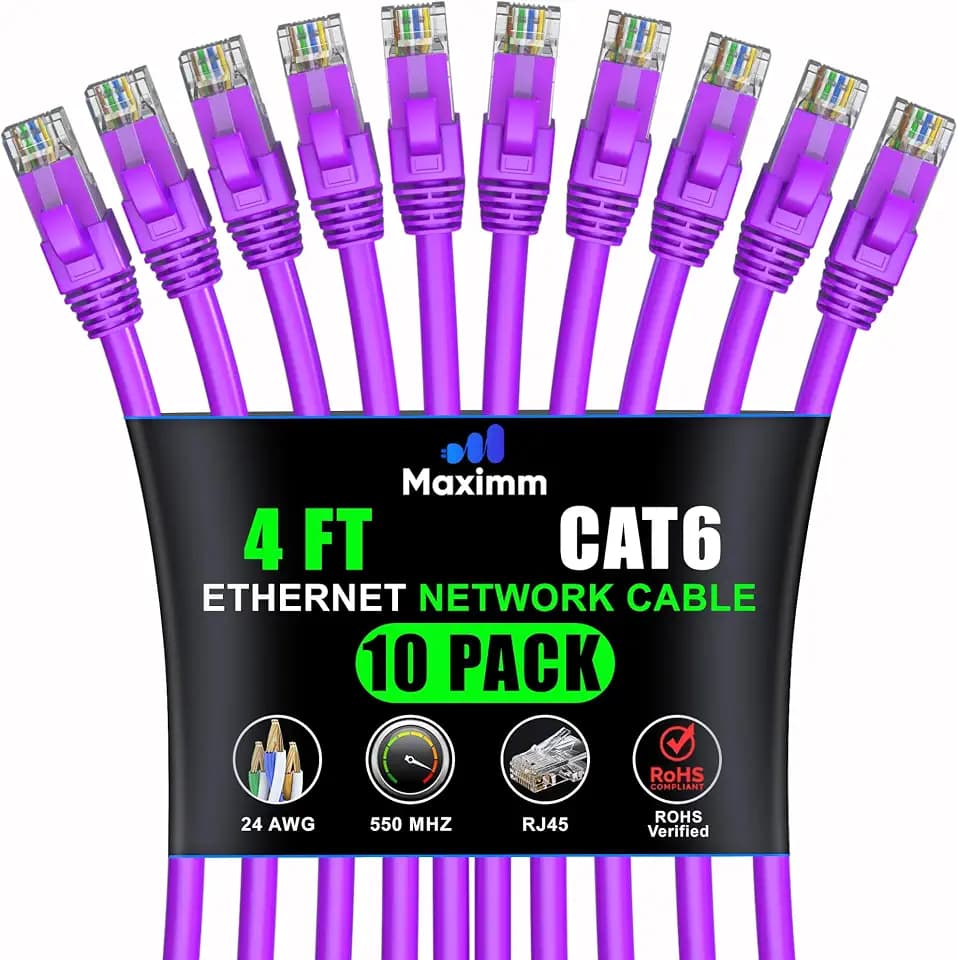 Maximm Cat6 Ethernet Cable 4 Ft, 10 Gbps 550 MHz, Purple, 10 Pack