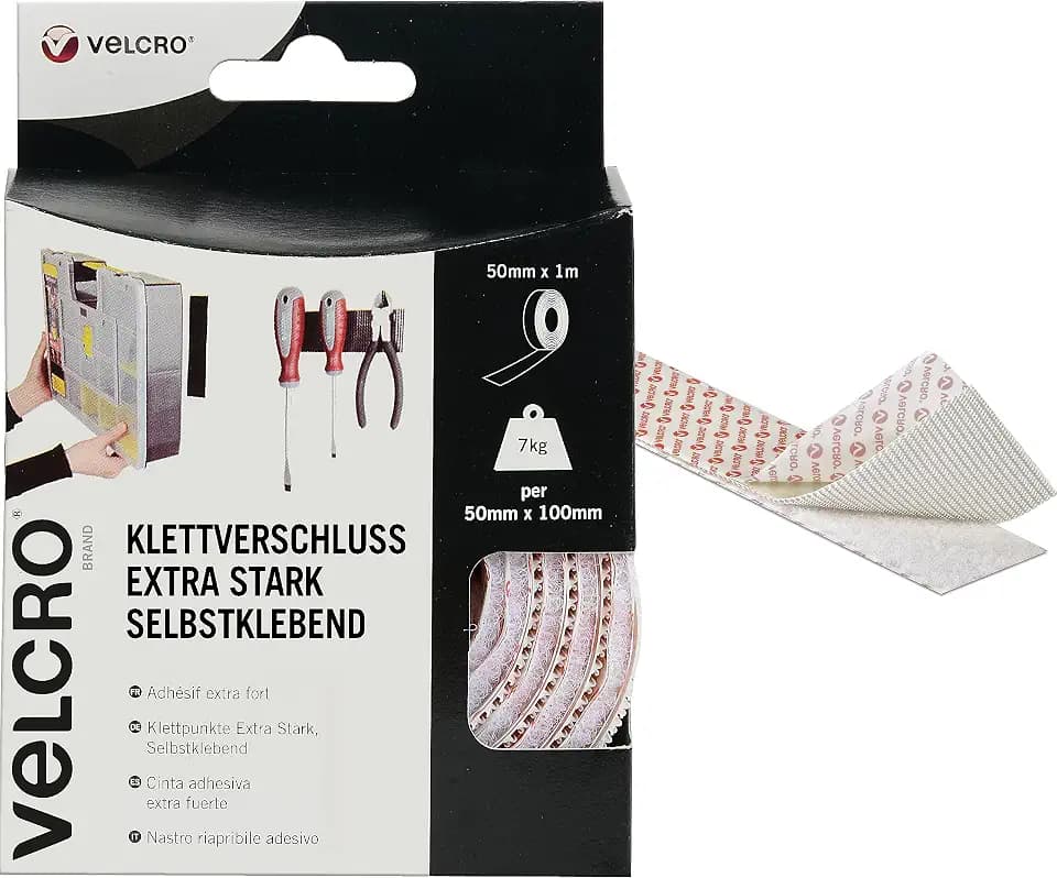 VELCRO Marke | Klettband Selbstklebend | Zuschneidbares industrielles extra starkes doppelseitiges selbstklebendes Klettband mit Klettverschluss | Weiß | 50 mm x 1 m
