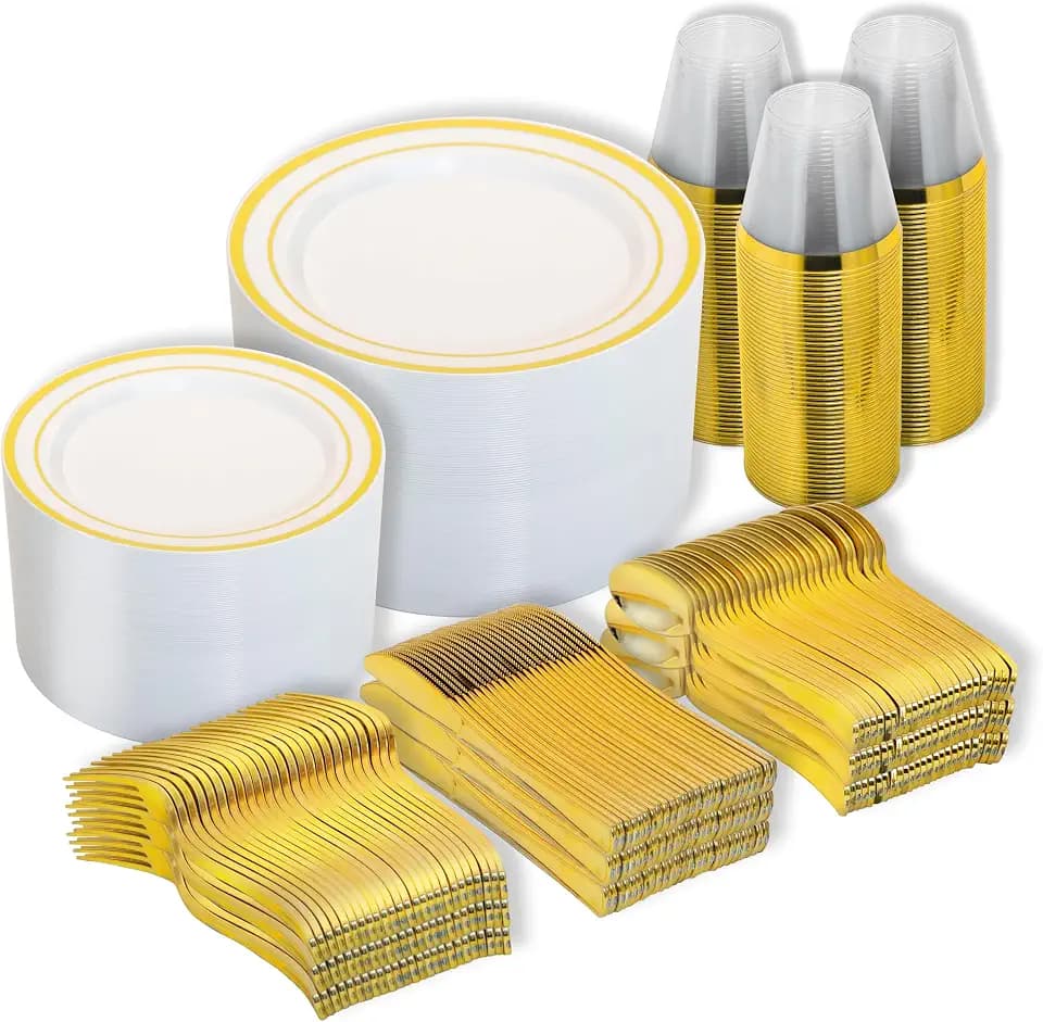 N9R 600PCS White and Gold Plastic Plates, Disposable Dinnerware Set