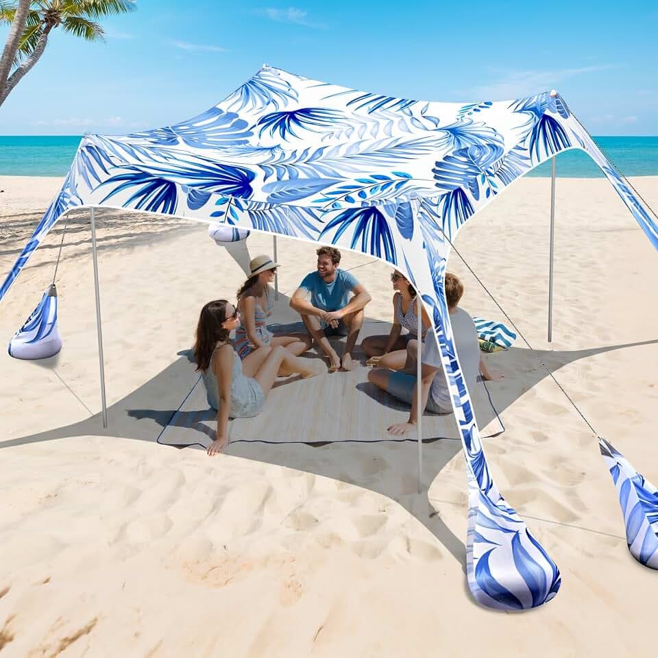 2PM SPORTS Beach Tent Sun Shelter 10x10 FT - UPF 50+ UV Protection, 8 Sandbags, Easy Setup, Portable Beach Shade Canopy for Family Picnic Camping Travel