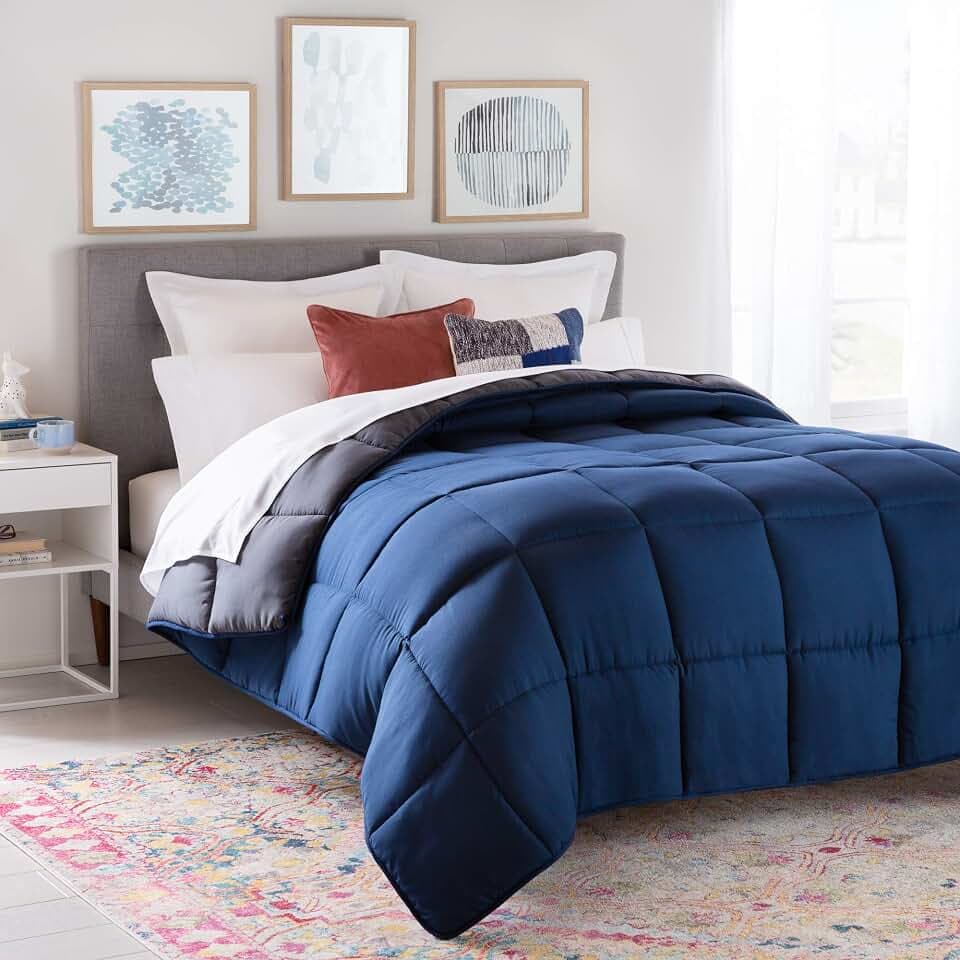 Linenspa Reversible Down Alternative Comforter and Duvet Insert, for Twin Size Bed – All-Season Comforter with Box Stitch and 8 Duvet Loops – Bedding for Kids, Teens, and Adults – Navy / Graphite