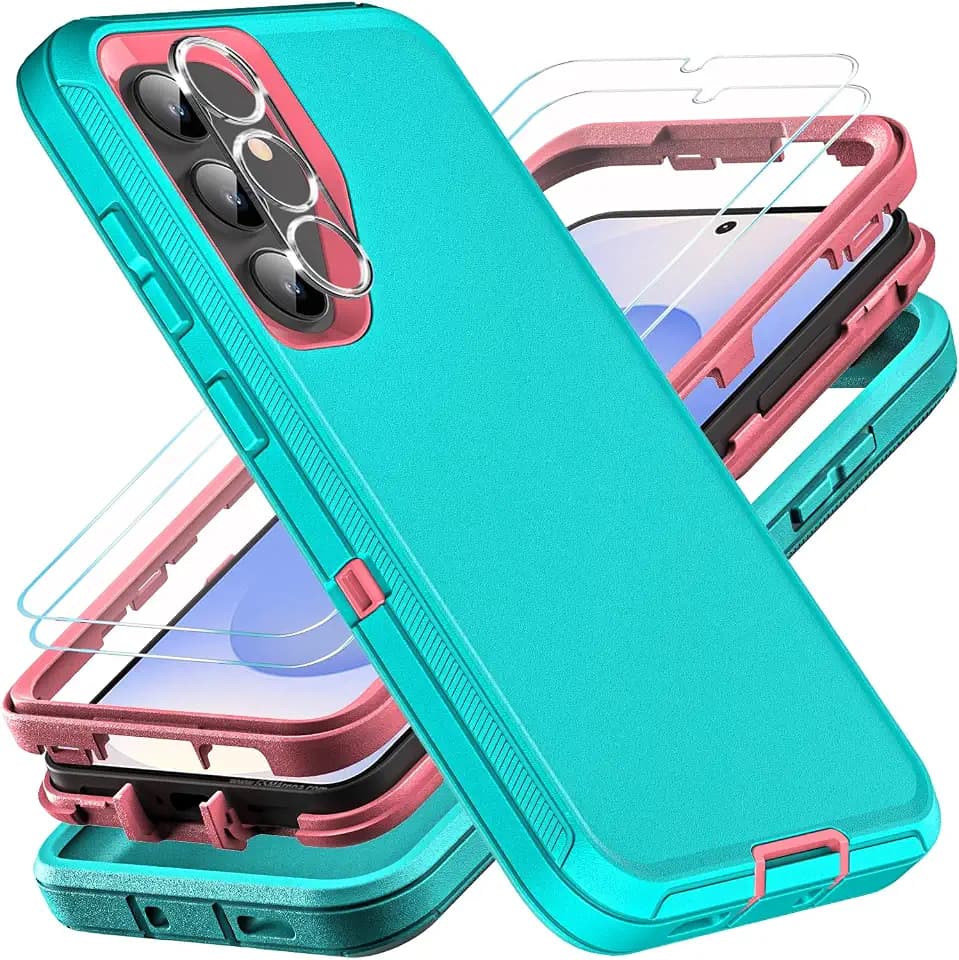 YKHJKLEC for Samsung Galaxy S25 Case, ONLY, [NOT FIT Galaxy S25 Edge/S25 Plus/S25 Ultra], Military Grade Case with 2Pcs Tempered Glass Screen Protector & 1Pcs Camera Lens Protector (Aqua Blue/Pink)