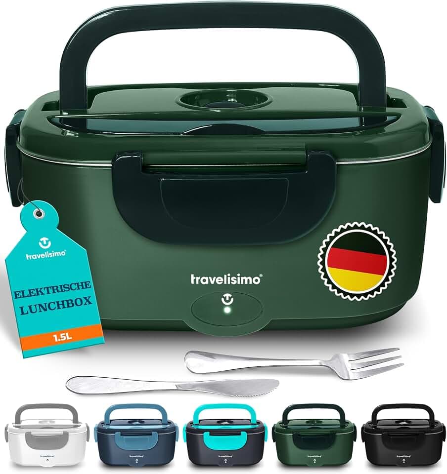TRAVELISIMO Elektrische Lunchbox 100W Essen Warmhalten Behälter, 1,5L Heat Box 3-in-1 Electric Lunch Box, Wärmebox Essen 12V/24V/220V, für Arbeit Auto Lkw Lunchbox Elektrisch und Beheizbare Lunchbox