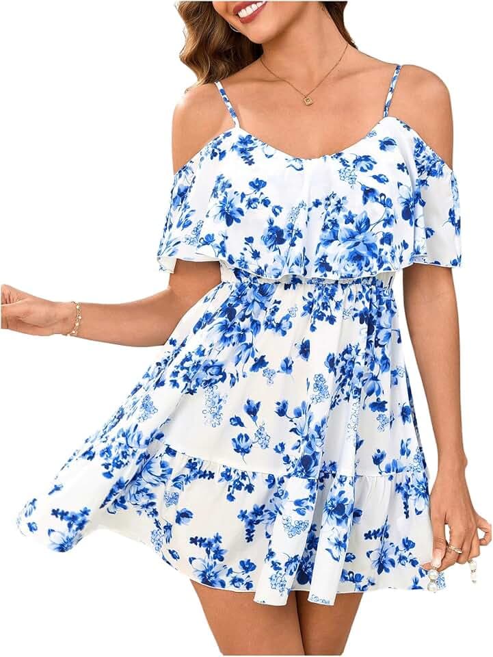SOLY HUX Women's Summer Floral Mini Dress Cold Shoulder Ruffle Dresses