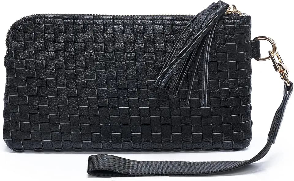 Wristlet Purses for Women, Small Woven Vegan Leather Wallet and Clutch