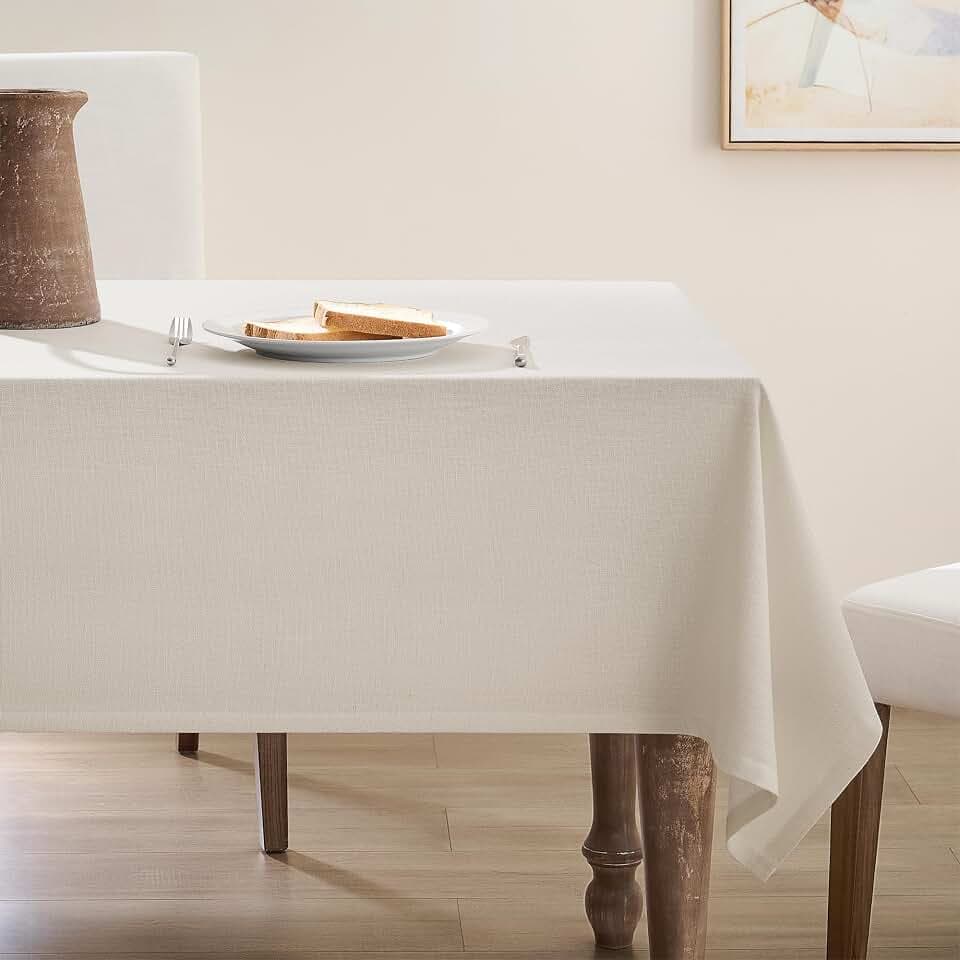 Beige Linen Square Tablecloth Neutral Wrinkle-Proof Faux Burlap Table Clothes for Dining 55 x132