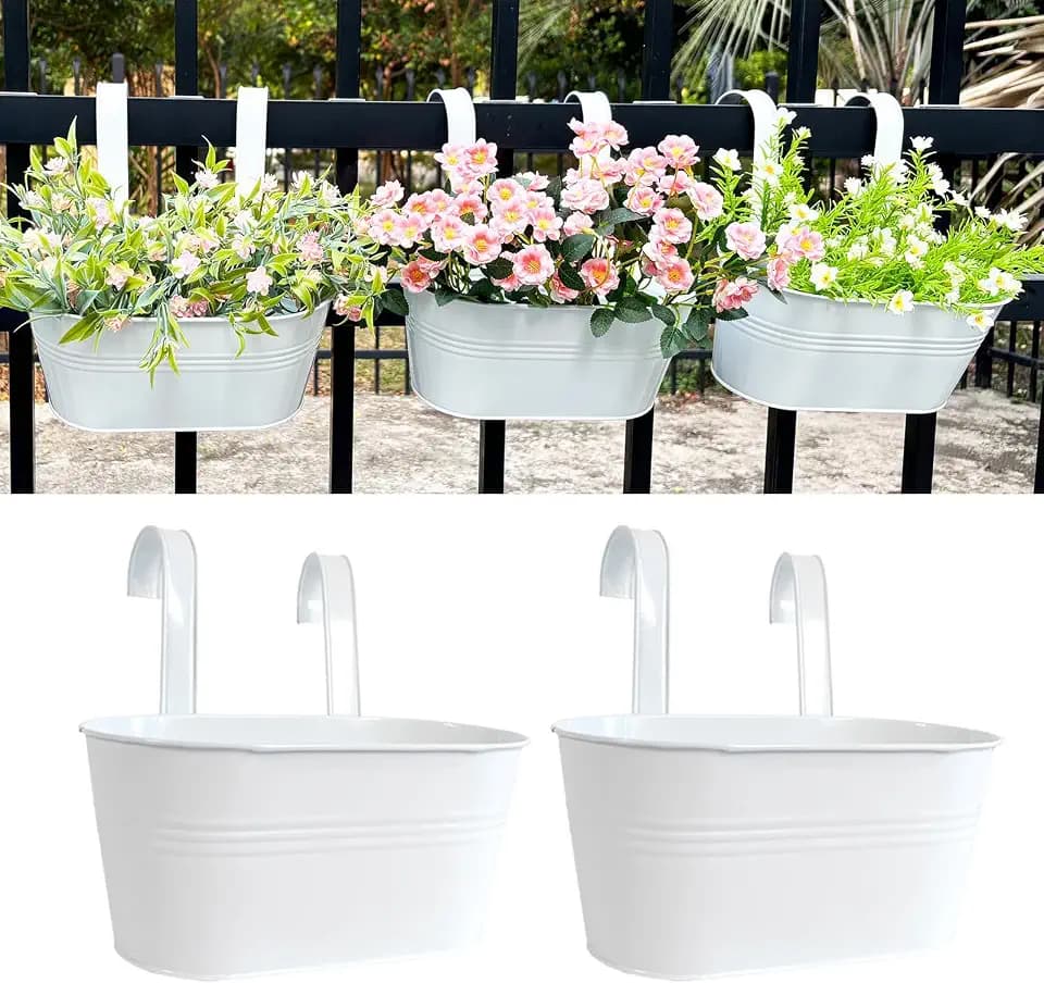 2 Pack 12" Metal Balcony Fence Railing Planters for Outdoor, Oval White
