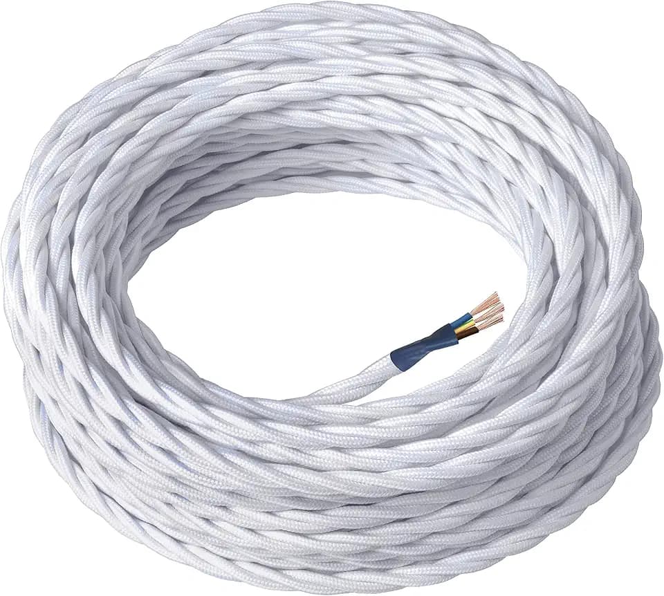 Amarcords - Textilkabel für Lampen WEISS, geflochten, Seide, 10 Meter, mit Erdung 3x0,75 - Stoffkabel mit farbigem vintage Stoff überzogen für Kronleuchter, Wandlampen und Lampenschirme
