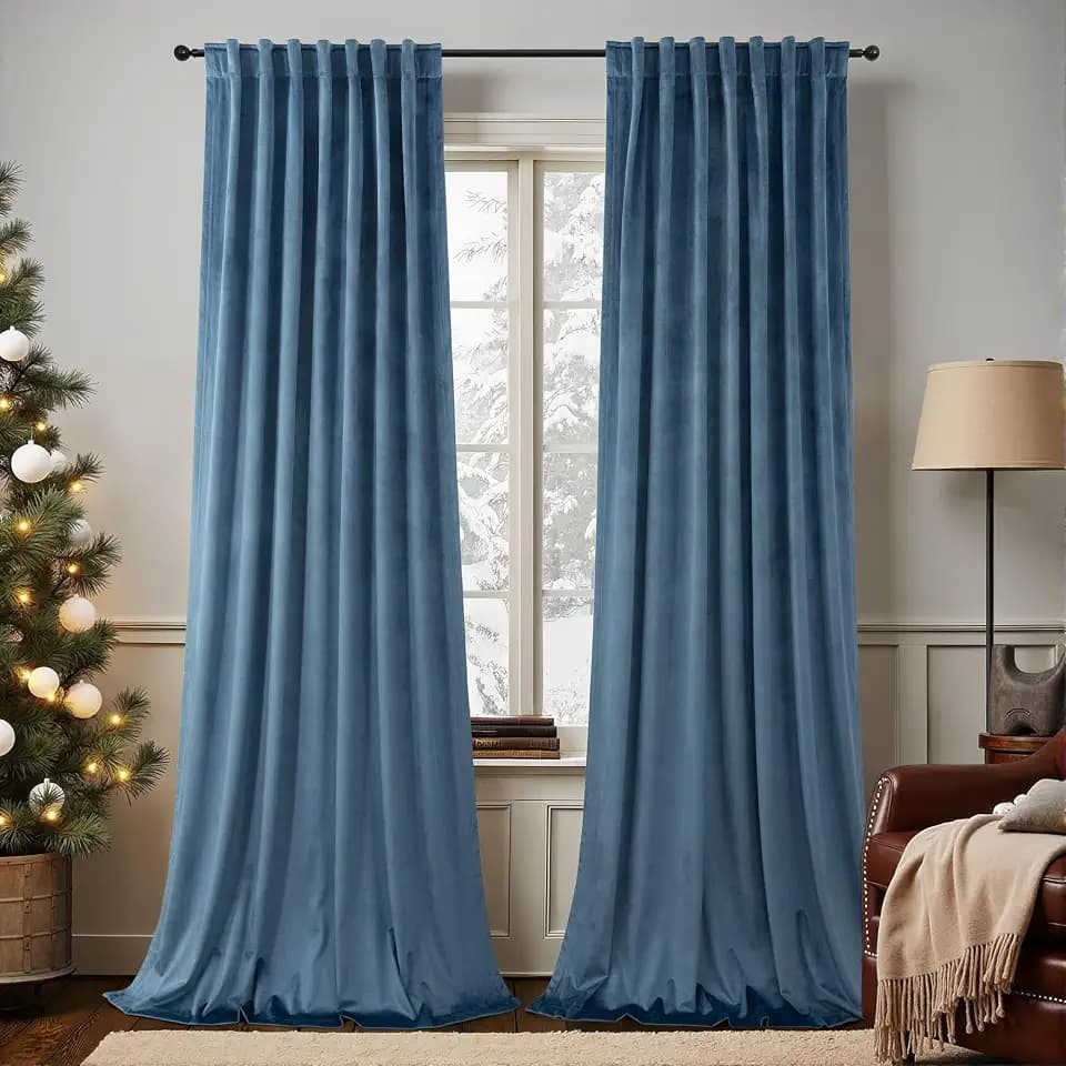 Dusty Blue Velvet Curtains 84 Inch Length 2 Panel Set for Living Room Modern Luxury Textured Thermal Darkening Long Drape Blocking Light Stone Blue Curtain for Bedroom Country Farmhouse Decor Back Tab