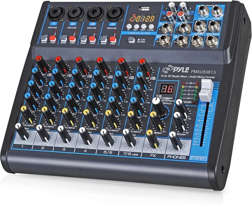 Pyle 8 Channel Bluetooth Studio Mixer - USB Computer Recording, Built-In MP3 Player, 48V Phantom Power, 16-Bit DSP FX, 3-Band EQ, XLR Combo Inputs, DJ Sound Board - PMXU83BT.5