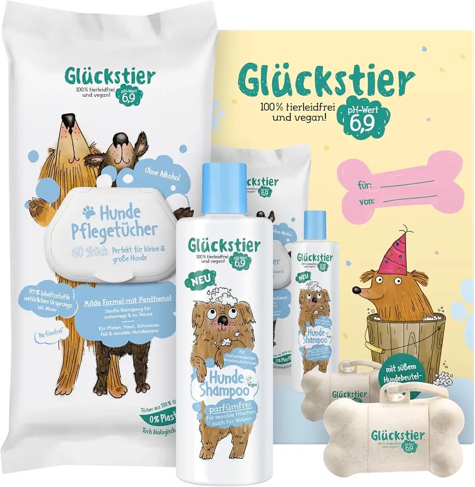 Glückstier Duo Geschenkset | Hundeshampoo & Pflegetücher